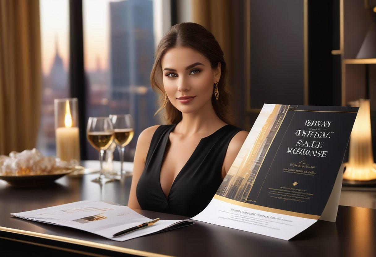 A sophisticated, stylish adult-themed insurance brochure open on a chic table, featuring a silhouette of a confident busty model, surrounded by elegant gold and black accents. The scene captures a sense of empowerment, with soft lighting illuminating the model and documents, while a modern city skyline can be seen in the background. The colors are vibrant yet classy, evoking professionalism and allure. super-realistic. elegant design. warm illumination.