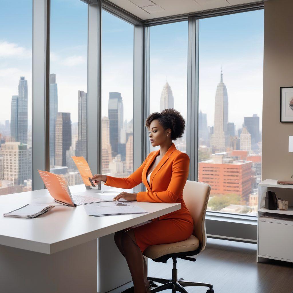 A sleek, modern office environment with a confident, busty model reviewing various insurance brochures on a stylish desk. The background showcases a vibrant city skyline through large windows, reflecting a professional yet playful atmosphere. Incorporate elements of adult-themed motifs subtly, ensuring a focus on empowerment and financial savvy. Include a soft, warm color palette to evoke a welcoming vibe. 3D. vibrant colors. modern style.
