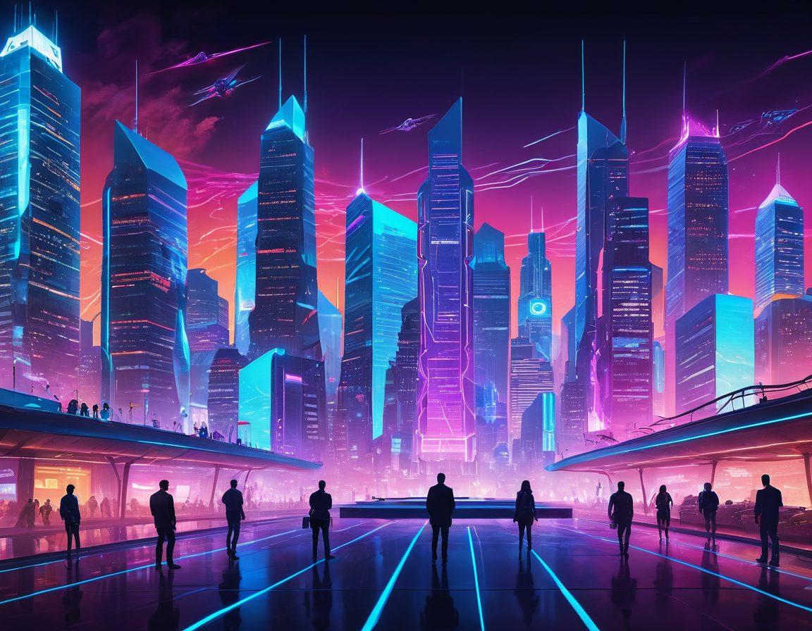 A futuristic digital landscape showcasing various insurance solutions tailored for the adult industry, featuring visual elements like digital contracts, diverse adult industry characters engaged in transactions, and shield icons representing security. The background should include a glowing city skyline symbolizing innovation. Emphasize vibrant colors and a sleek, modern design. cyberpunk. vibrant colors. 3D.